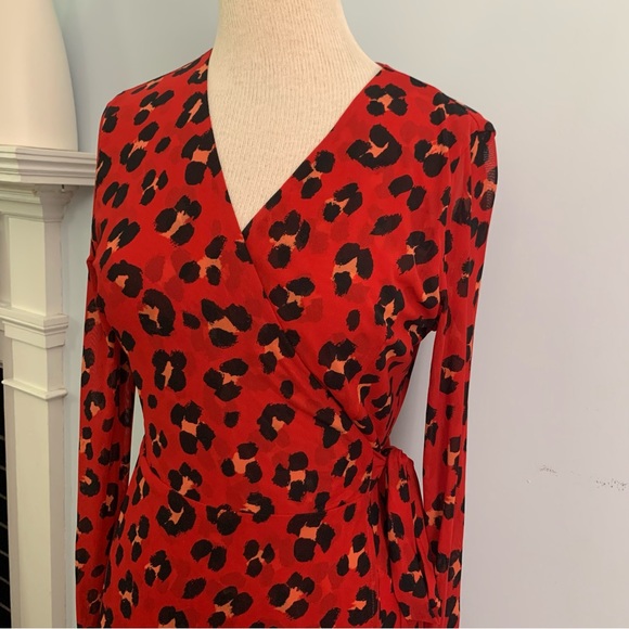 CAbi red animal print wrap dress, “Siren” Style mesh cheetah leopard print, Sz M - Picture 3 of 13